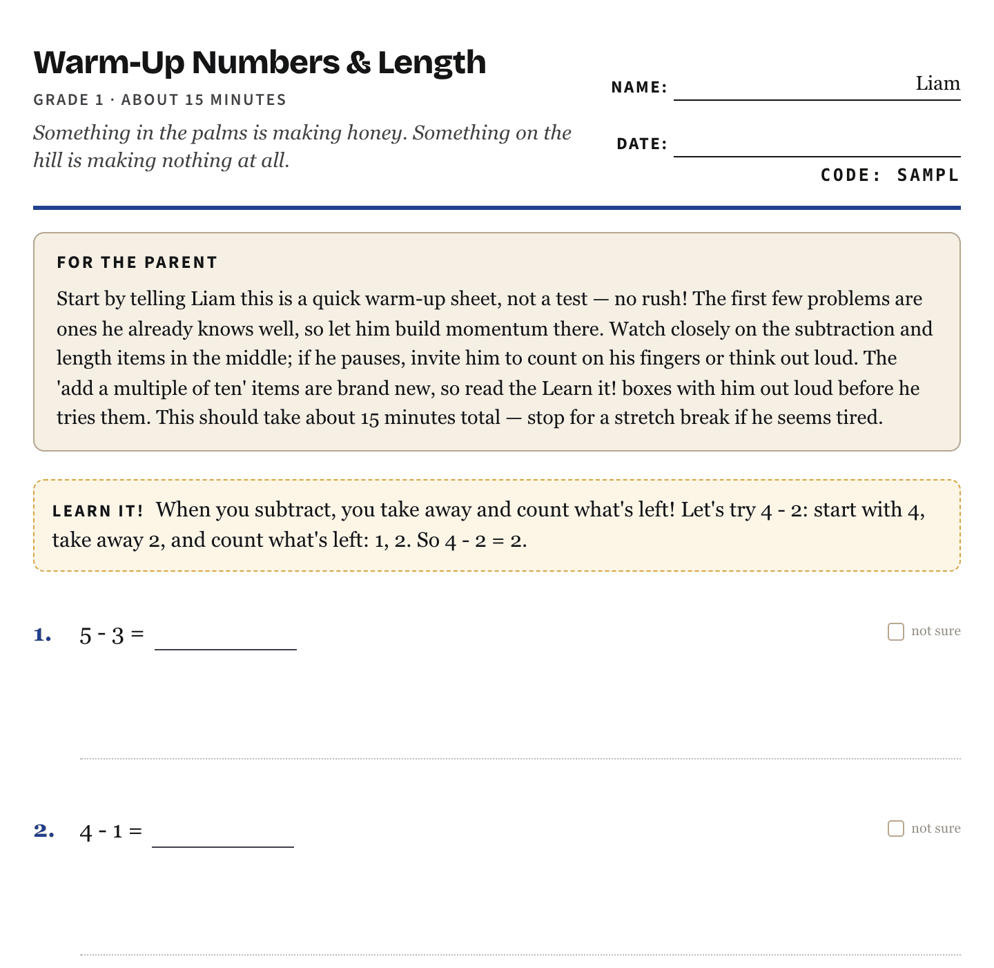 A real Hearth & Pencil first-grade sheet: title, a note for the parent, Learn it! boxes, and the first problems