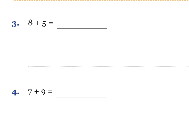 Two problems from a printed Hearth & Pencil sheet: 8 + 5 and 7 + 9, blank